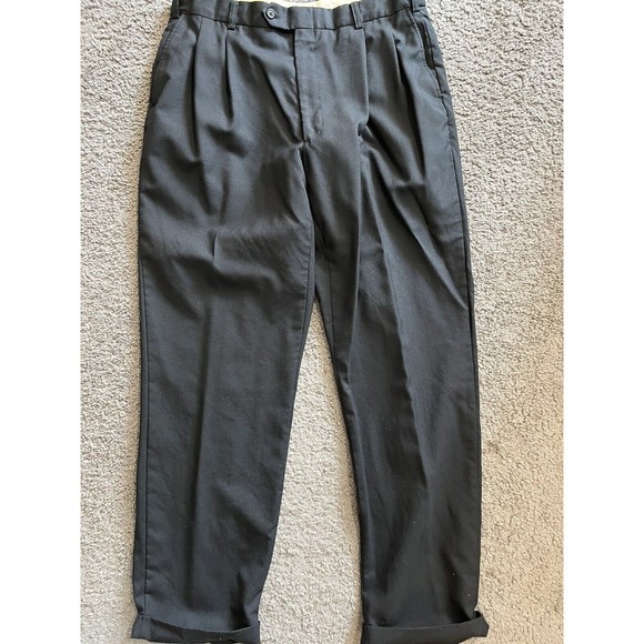 Roundtree & Yorke Men Black Hook & Button Front Straight Wool Pleated Pant 36x32 - Picture 1 of 6